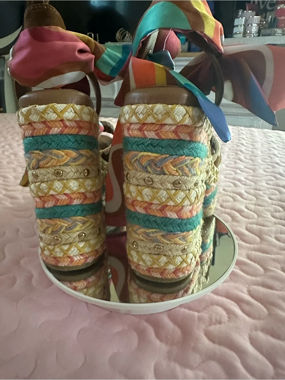 Kurt Geiger Brown Suede Platform Sandals with Rainbow Ribbon Bow - Picture 3 of 6